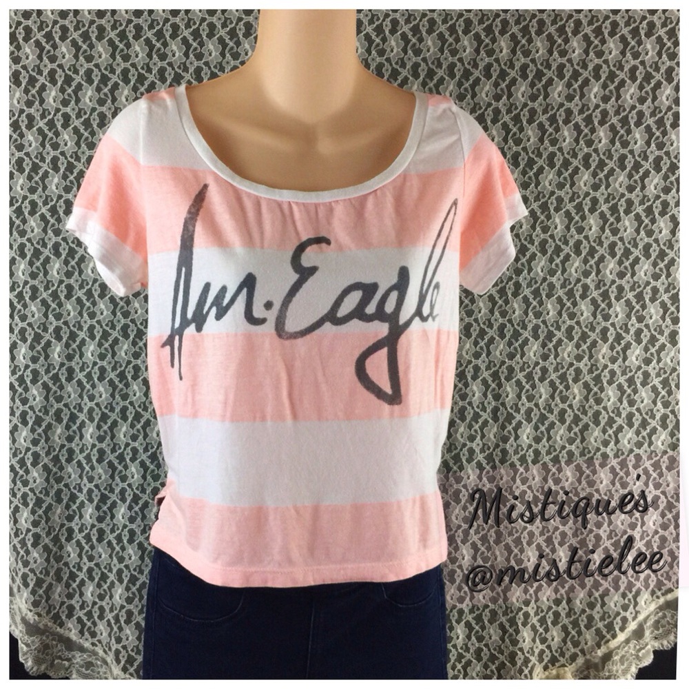American Eagle Outfitters Summer Nautical Feel Coral White Grey Logo Crop Top M